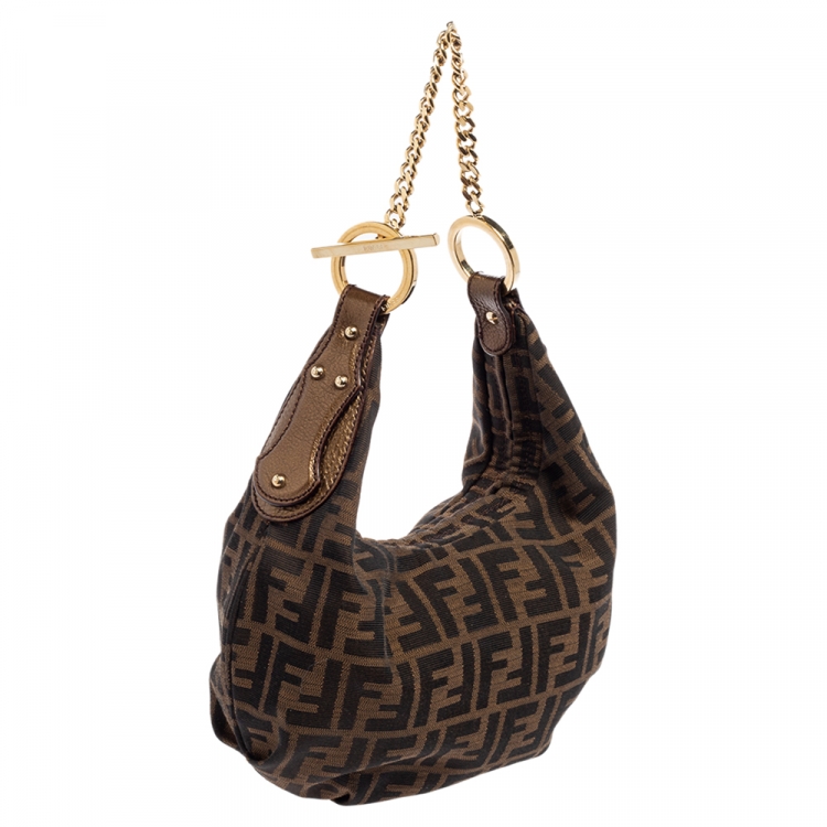 Pre Owned Fendi Tobacco Zucca Canvas and Patent Leather Chef Chain Link Hobo