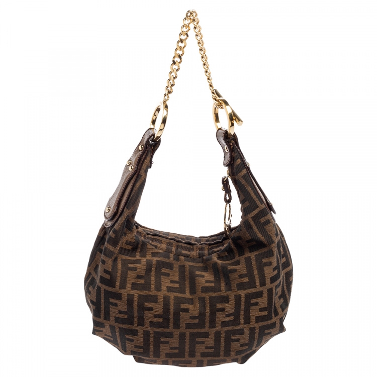 Pre Owned Fendi Tobacco Zucca Canvas and Patent Leather Chef Chain Link Hobo