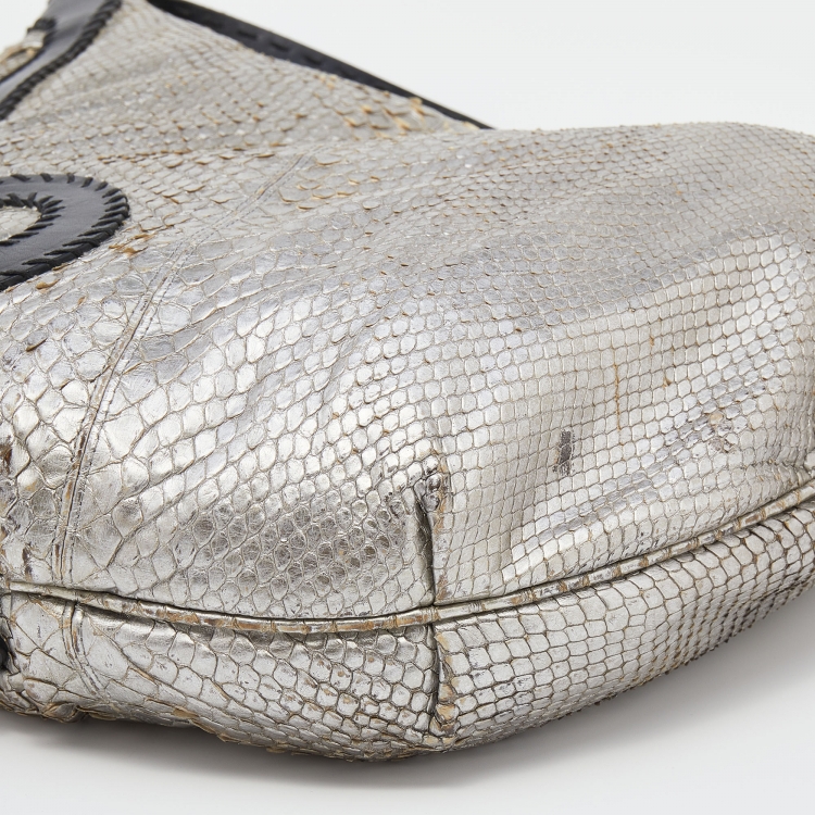 Pre Owned Fendi Silver/Black Python and Leather Oyster Hobo