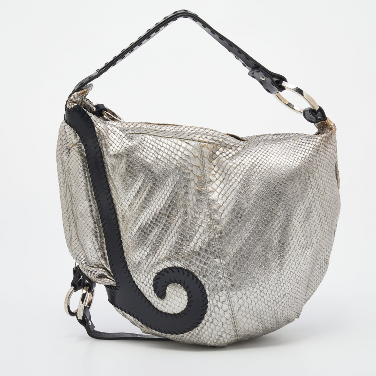 Pre Owned Fendi Silver/Black Python and Leather Oyster Hobo