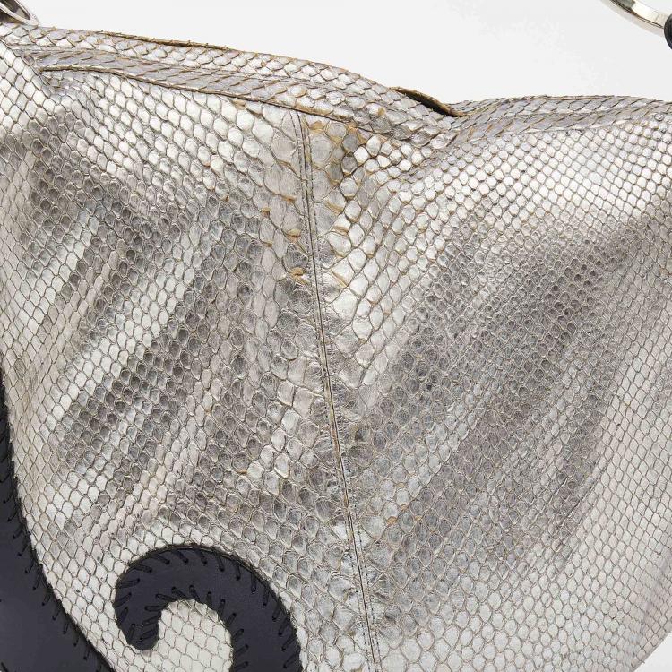 Pre Owned Fendi Silver/Black Python and Leather Oyster Hobo