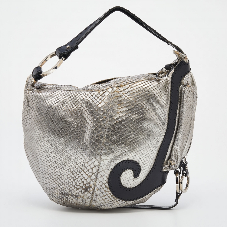 Pre Owned Fendi Silver/Black Python and Leather Oyster Hobo