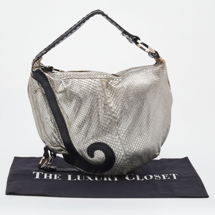 Pre Owned Fendi Silver/Black Python and Leather Oyster Hobo