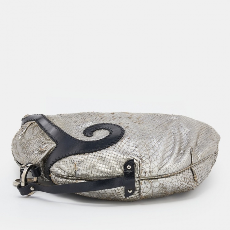 Pre Owned Fendi Silver/Black Python and Leather Oyster Hobo