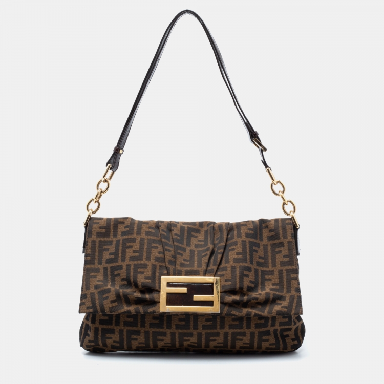 Pre Owned Fendi Tobacco Zucca Canvas and Patent Leather Mia Flap Bag