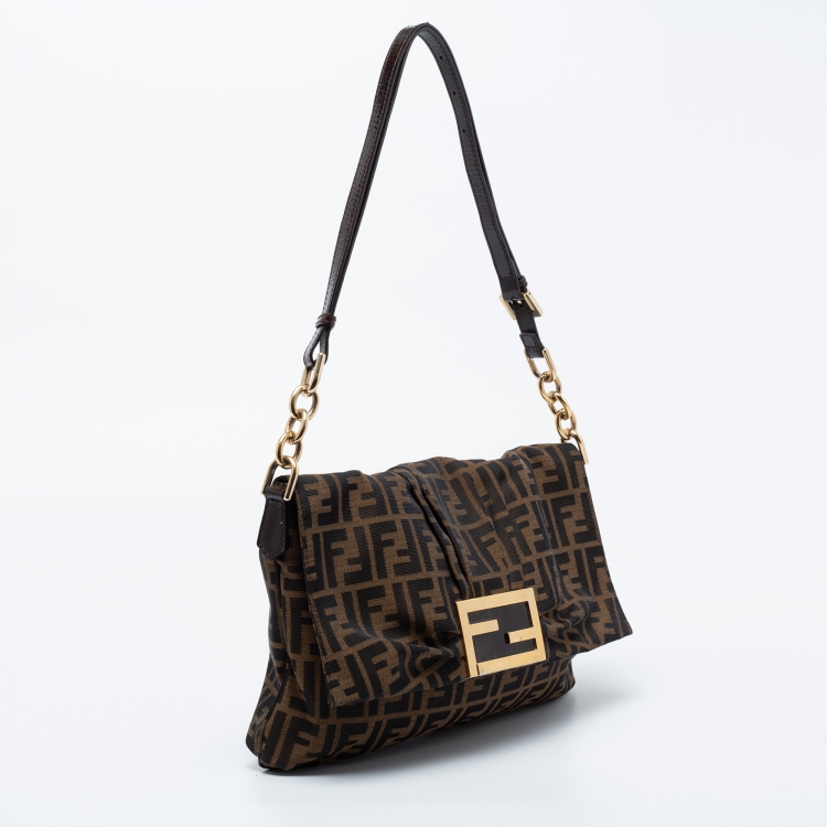 Pre Owned Fendi Tobacco Zucca Canvas and Patent Leather Mia Flap Bag