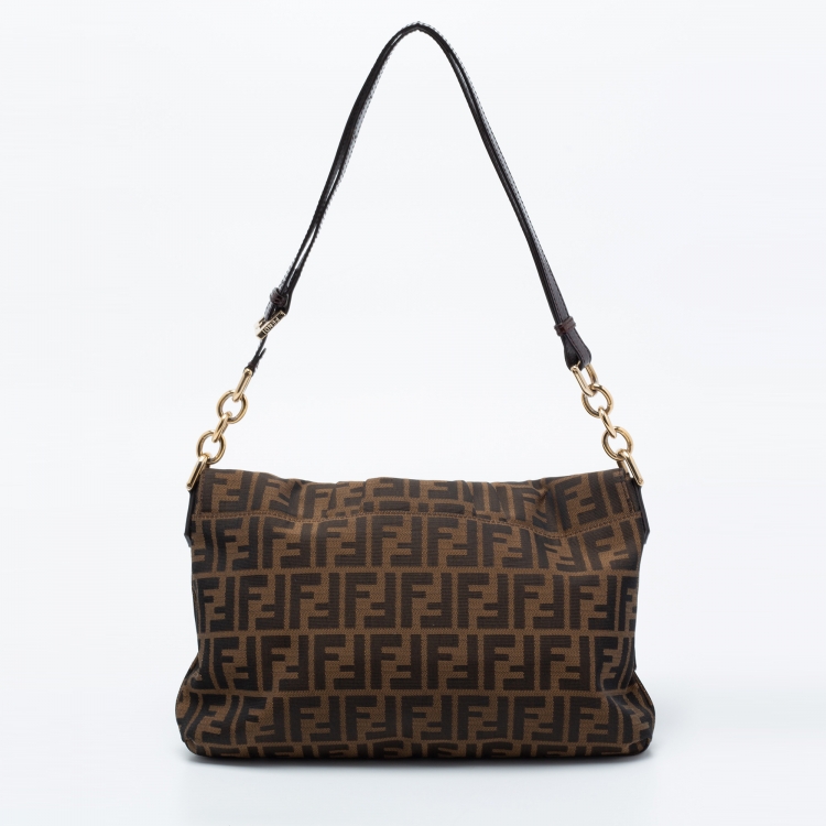 Pre Owned Fendi Tobacco Zucca Canvas and Patent Leather Mia Flap Bag
