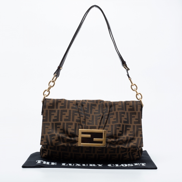 Pre Owned Fendi Tobacco Zucca Canvas and Patent Leather Mia Flap Bag