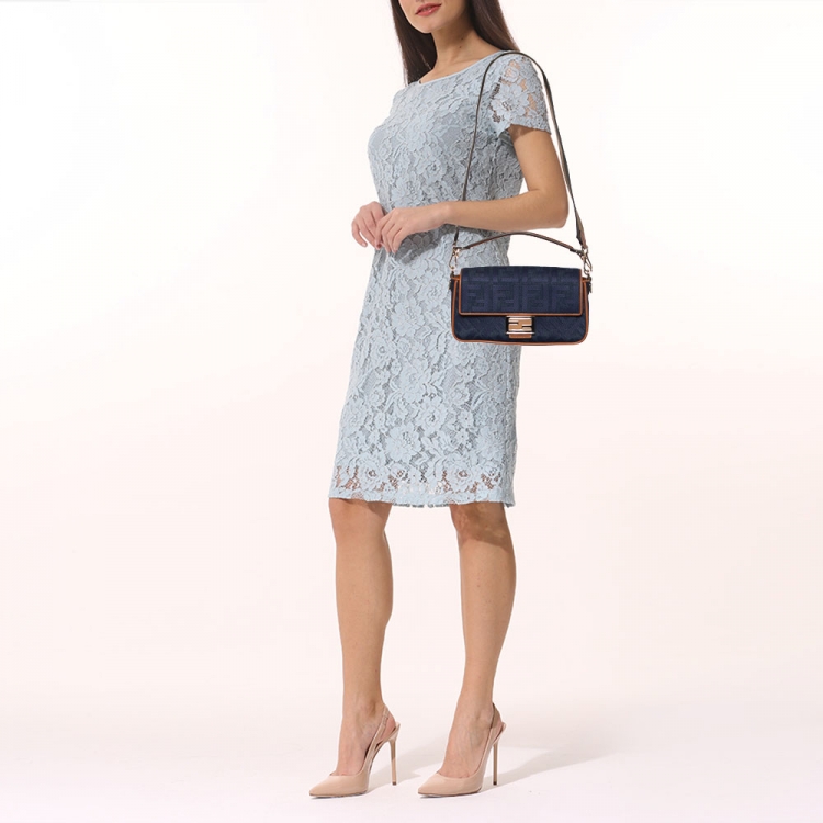 Pre Owned Fendi Navy Blue Canvas and Leather Baguette Bag