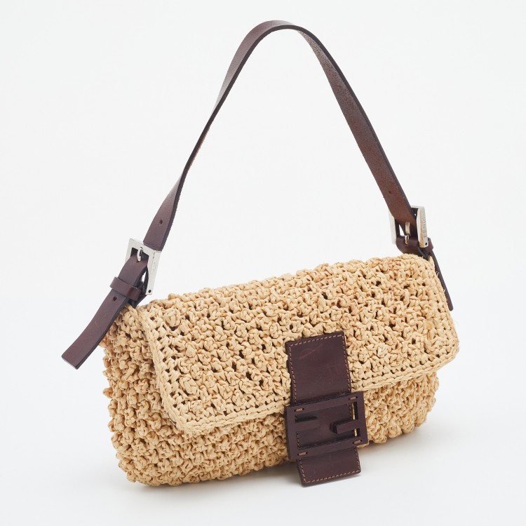 Pre Owned Fendi Beige/Dark Brown Raffia And Leather Baguette Bag