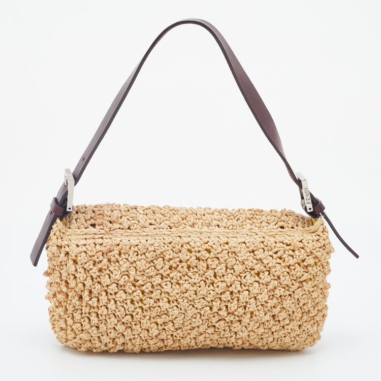 Pre Owned Fendi Beige/Dark Brown Raffia And Leather Baguette Bag