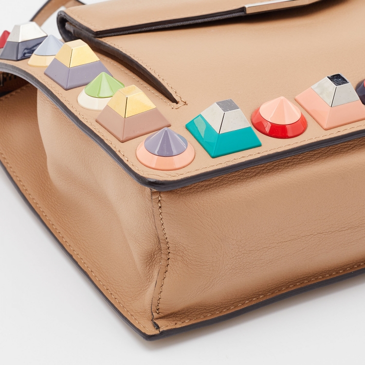 Pre Owned Fendi Beige Leather Rainbow Studded Crossbody Bag