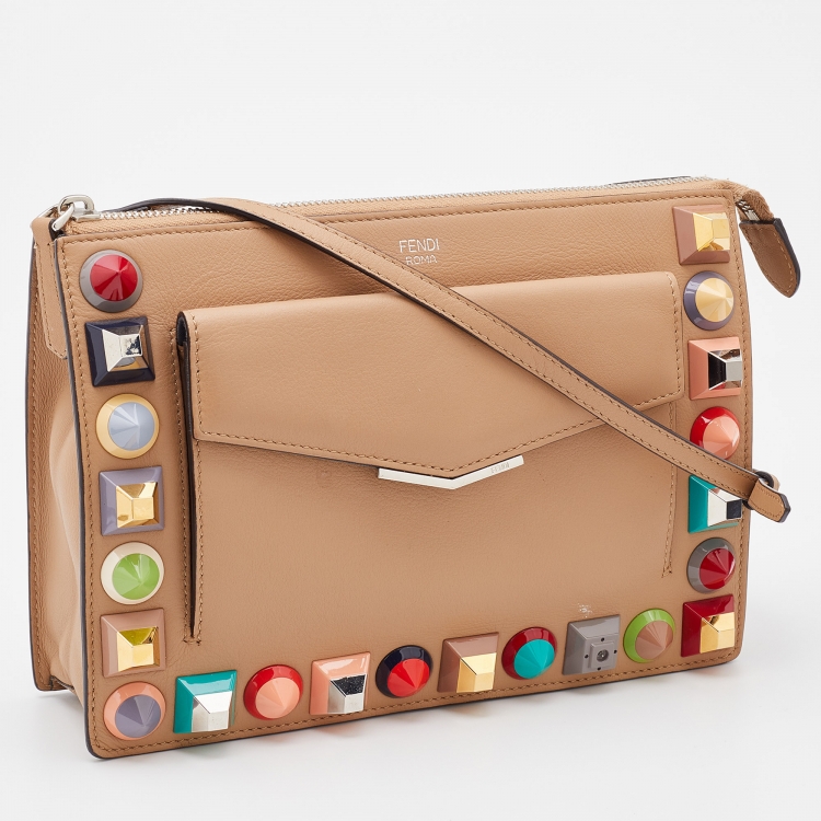Pre Owned Fendi Beige Leather Rainbow Studded Crossbody Bag