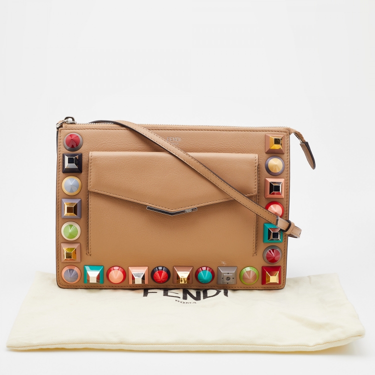 Pre Owned Fendi Beige Leather Rainbow Studded Crossbody Bag