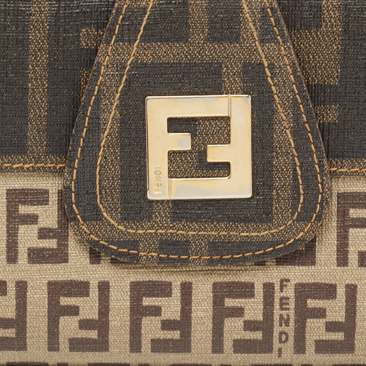 Pre Owned Fendi Beige Zucchino Coated Canvas FF Flap Continental Wallet