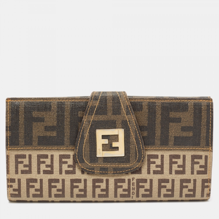 Pre Owned Fendi Beige Zucchino Coated Canvas FF Flap Continental Wallet