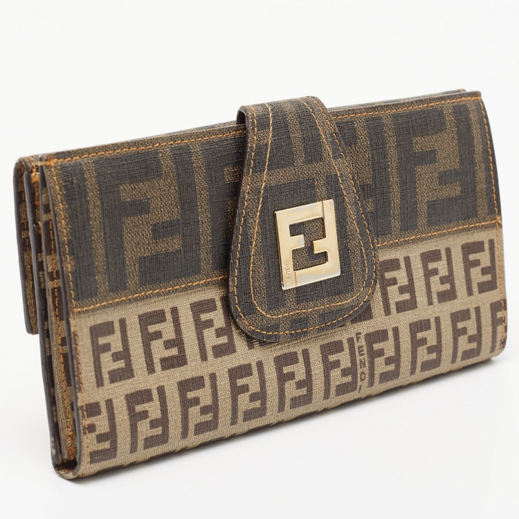 Pre Owned Fendi Beige Zucchino Coated Canvas FF Flap Continental Wallet