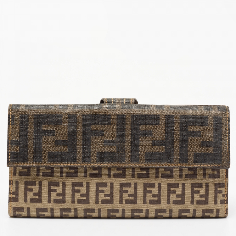 Pre Owned Fendi Beige Zucchino Coated Canvas FF Flap Continental Wallet