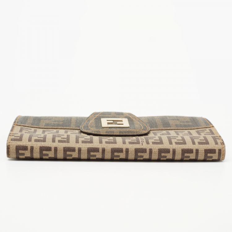 Pre Owned Fendi Beige Zucchino Coated Canvas FF Flap Continental Wallet