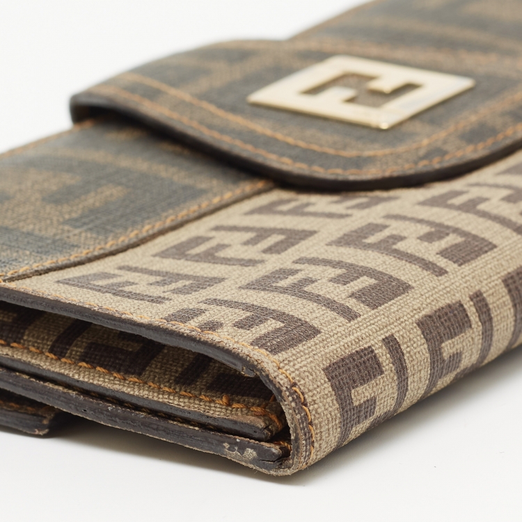 Pre Owned Fendi Beige Zucchino Coated Canvas FF Flap Continental Wallet