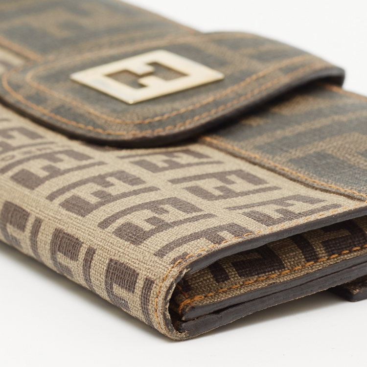 Pre Owned Fendi Beige Zucchino Coated Canvas FF Flap Continental Wallet