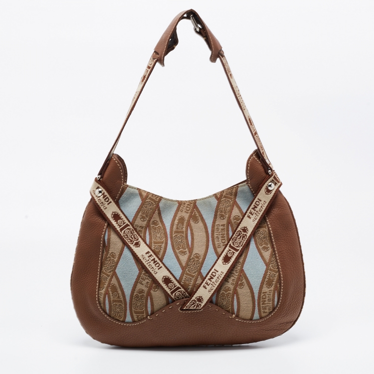 Pre Owned Fendi Brown Logo Canvas and Selleria Leather Buckle Hobo