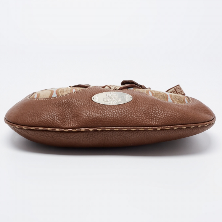 Pre Owned Fendi Brown Logo Canvas and Selleria Leather Buckle Hobo