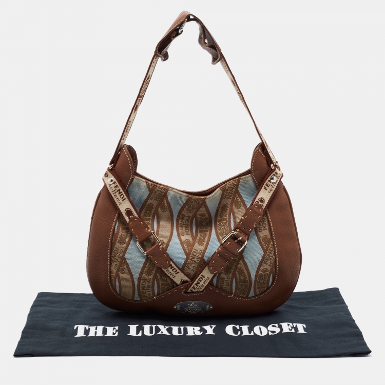 Pre Owned Fendi Brown Logo Canvas and Selleria Leather Buckle Hobo