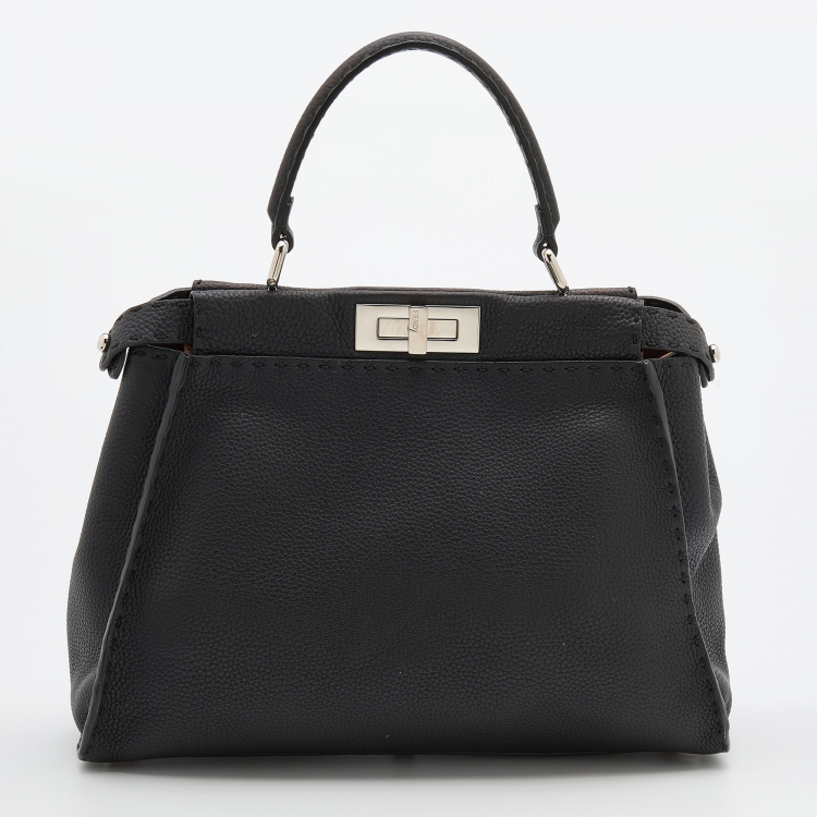 Pre Owned Fendi Black Leather Medium Peekaboo Top Handle Bag
