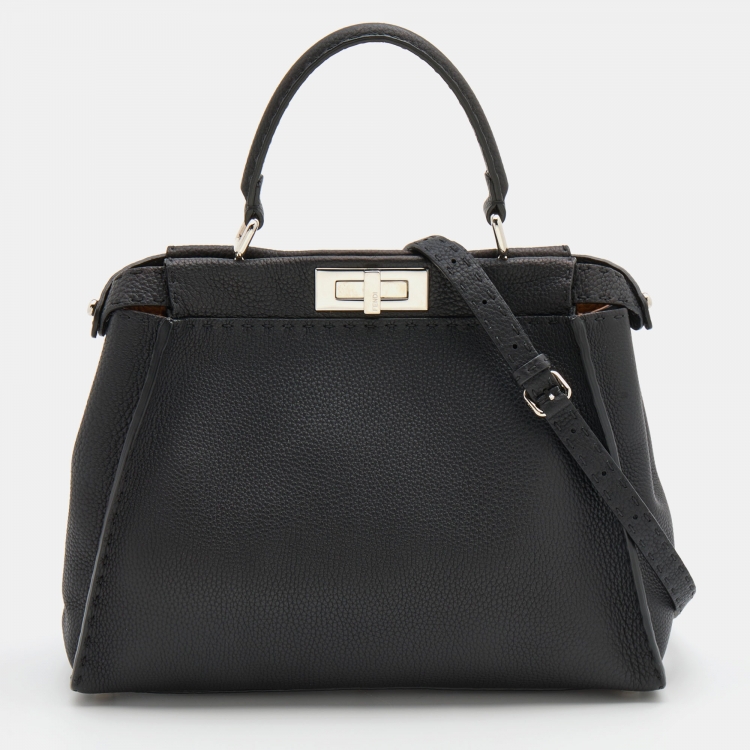 Pre Owned Fendi Black Leather Medium Peekaboo Top Handle Bag
