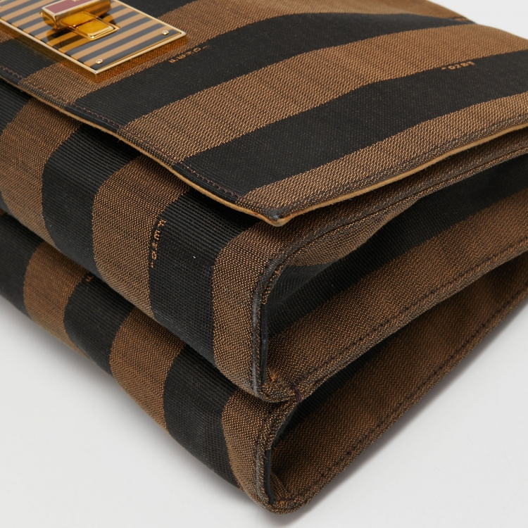 Pre Owned Fendi Tobacco Pequin Stripe Canvas Large Claudia Shoulder Bag