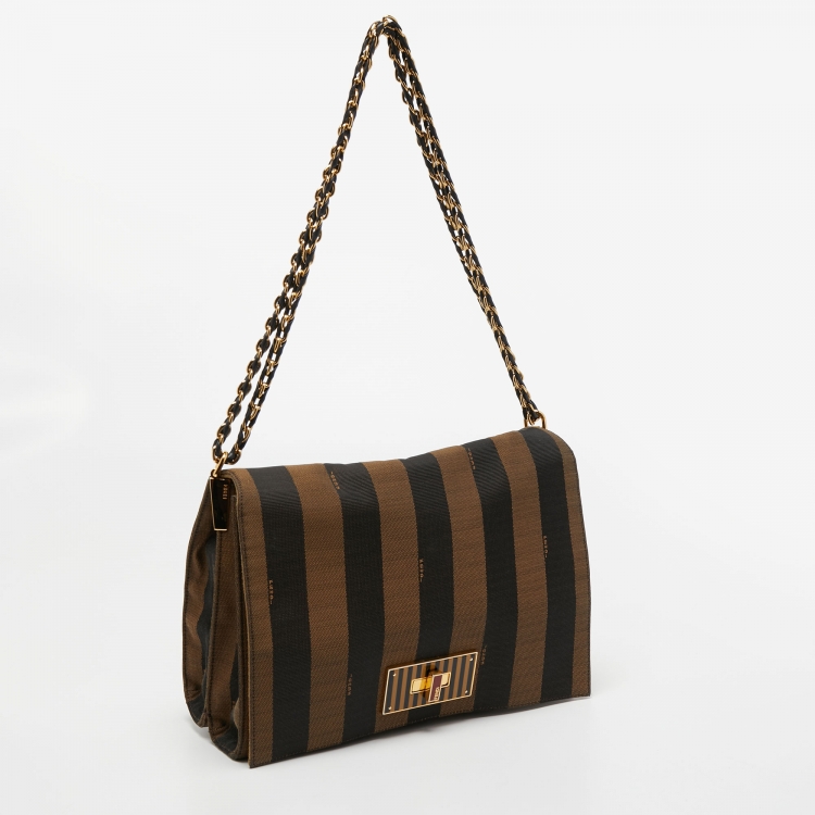 Pre Owned Fendi Tobacco Pequin Stripe Canvas Large Claudia Shoulder Bag