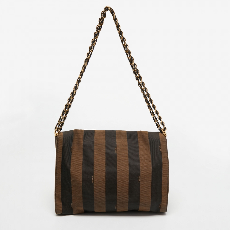 Pre Owned Fendi Tobacco Pequin Stripe Canvas Large Claudia Shoulder Bag