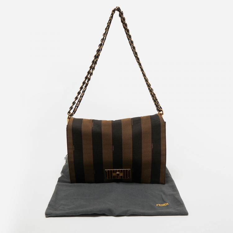 Pre Owned Fendi Tobacco Pequin Stripe Canvas Large Claudia Shoulder Bag