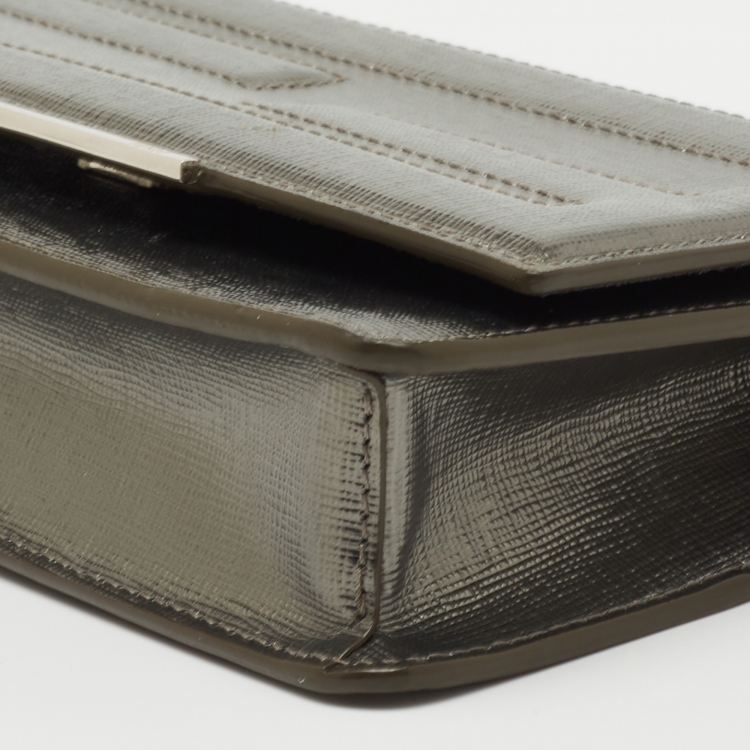 Pre Owned Fendi Silver Laminated Leather Tube Wallet on Chain