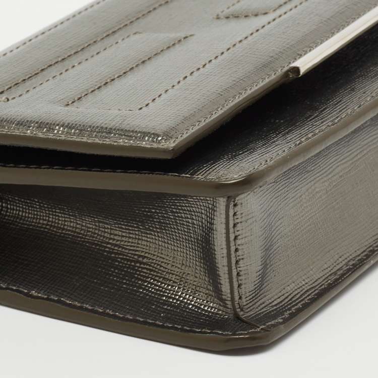 Pre Owned Fendi Silver Laminated Leather Tube Wallet on Chain
