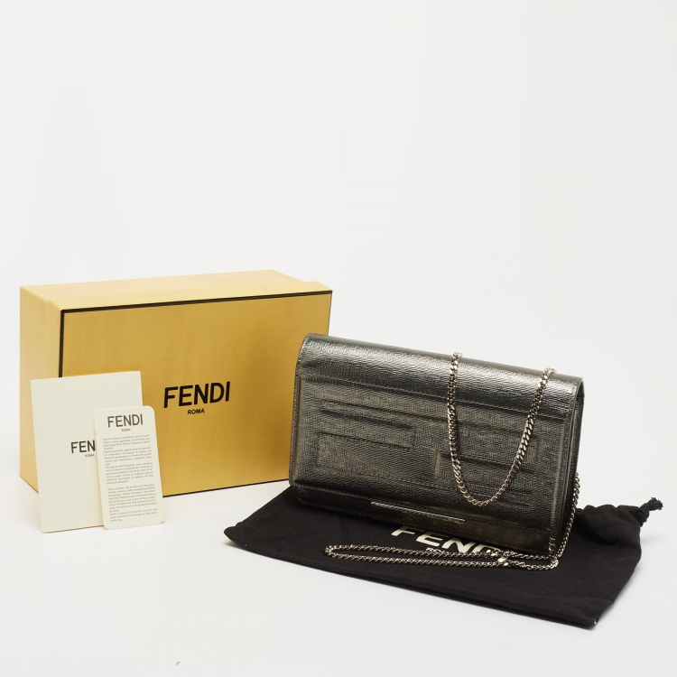 Pre Owned Fendi Silver Laminated Leather Tube Wallet on Chain