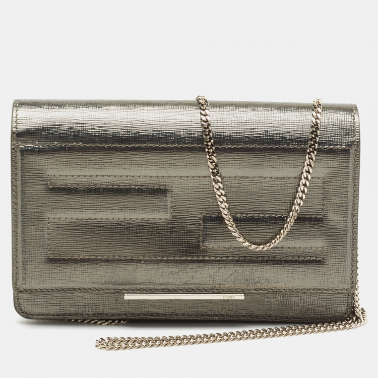 Pre Owned Fendi Silver Laminated Leather Tube Wallet on Chain