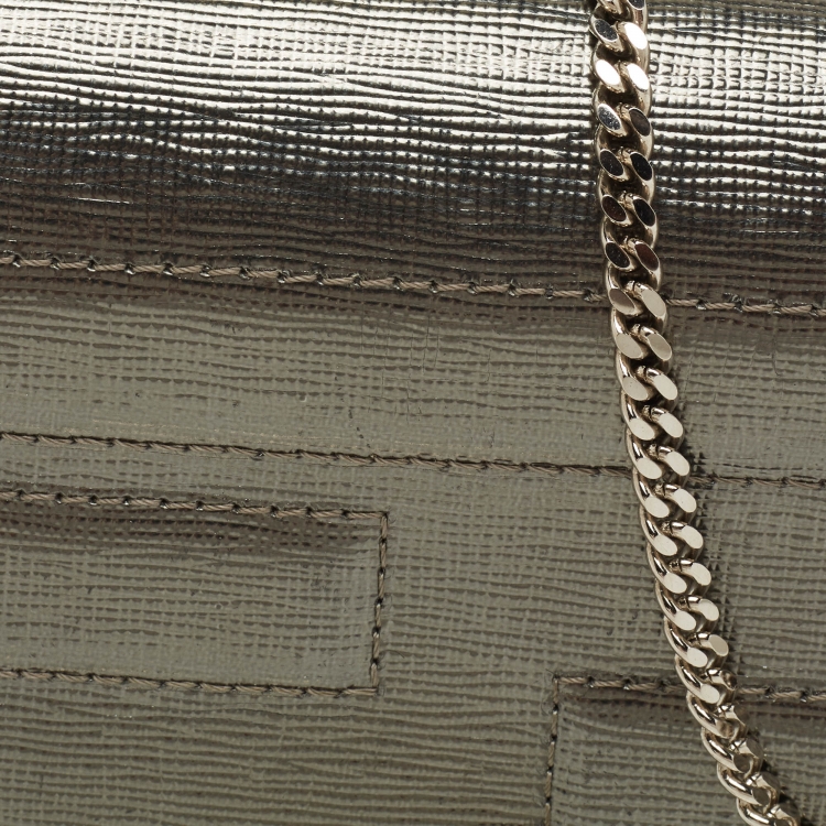 Pre Owned Fendi Silver Laminated Leather Tube Wallet on Chain