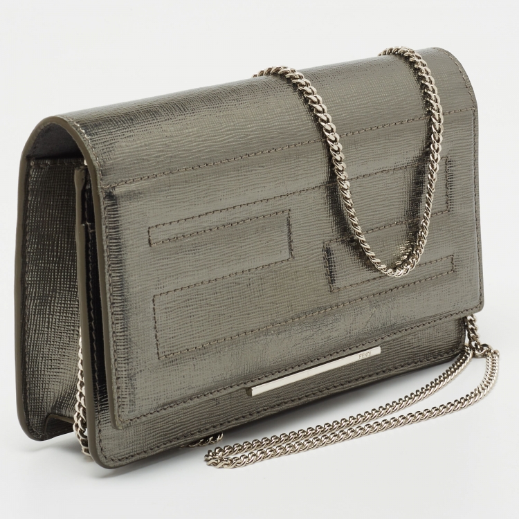 Pre Owned Fendi Silver Laminated Leather Tube Wallet on Chain