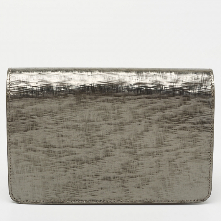 Pre Owned Fendi Silver Laminated Leather Tube Wallet on Chain