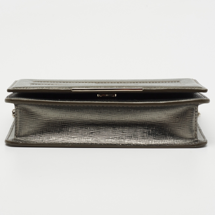 Pre Owned Fendi Silver Laminated Leather Tube Wallet on Chain