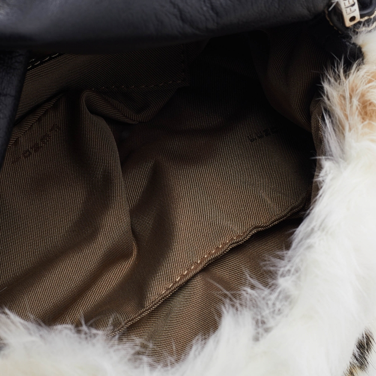 Pre Owned Fendi White/Brown Rabbit Fur Baguette Bag