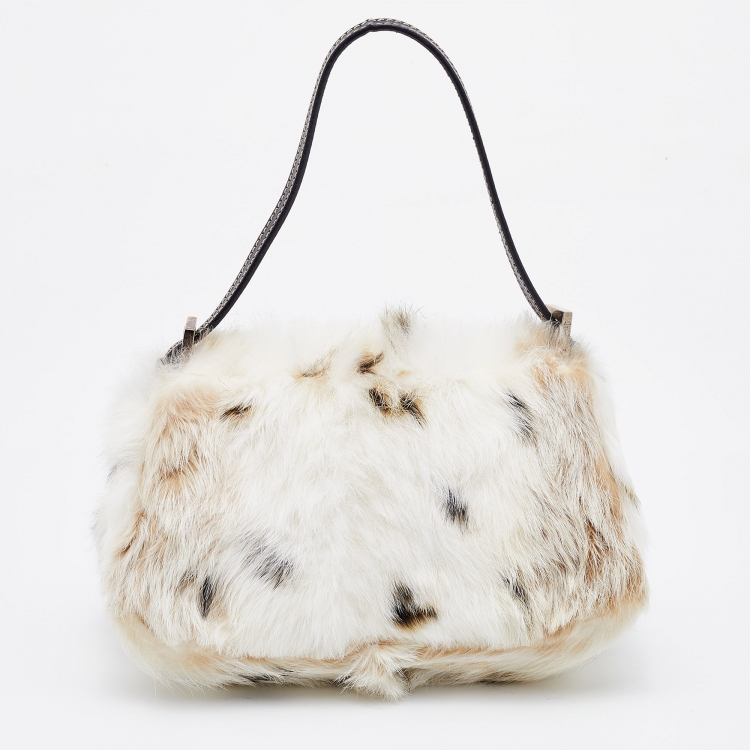 Pre Owned Fendi White/Brown Rabbit Fur Baguette Bag