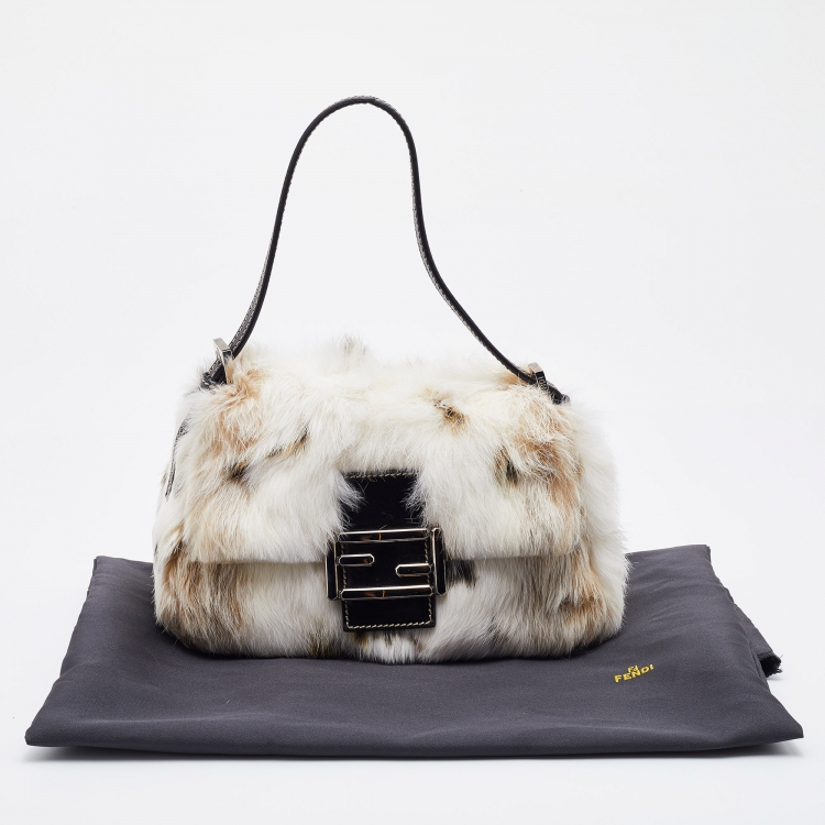 Pre Owned Fendi White/Brown Rabbit Fur Baguette Bag