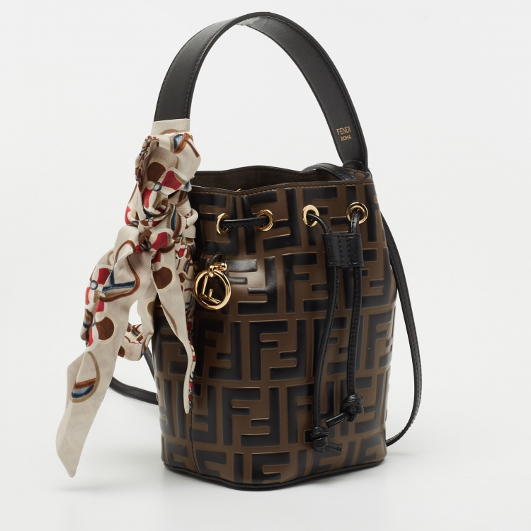 Pre Owned Fendi Brown/Black Zucca Leather Mini Mon Tresor Drawstring Bucket Bag