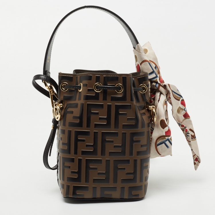 Pre Owned Fendi Brown/Black Zucca Leather Mini Mon Tresor Drawstring Bucket Bag