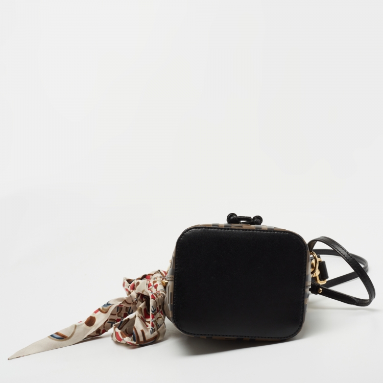 Pre Owned Fendi Brown/Black Zucca Leather Mini Mon Tresor Drawstring Bucket Bag