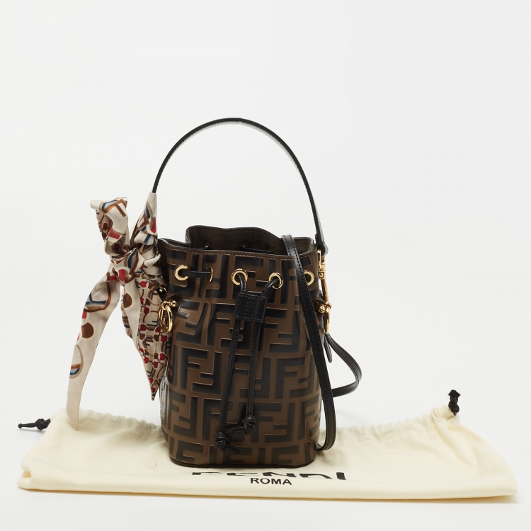 Pre Owned Fendi Brown/Black Zucca Leather Mini Mon Tresor Drawstring Bucket Bag