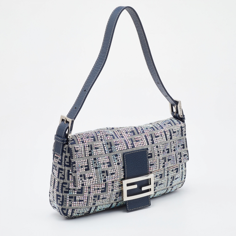 Pre Owned Fendi Navy Blue Fabric Zucchino Crystal Embellished Baguette